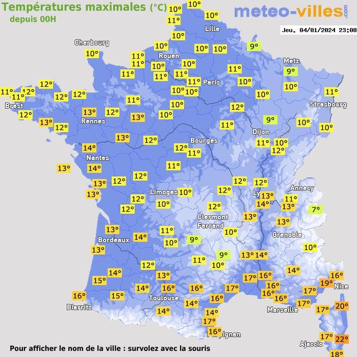 Températures maximales (°C) depuis 00h