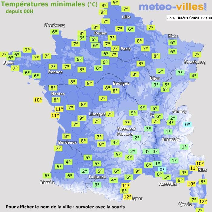 Températures minimales (°C) depuis 00h